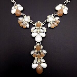 NY & Co Shades of Beige Floral Bib Necklace Silver Tone